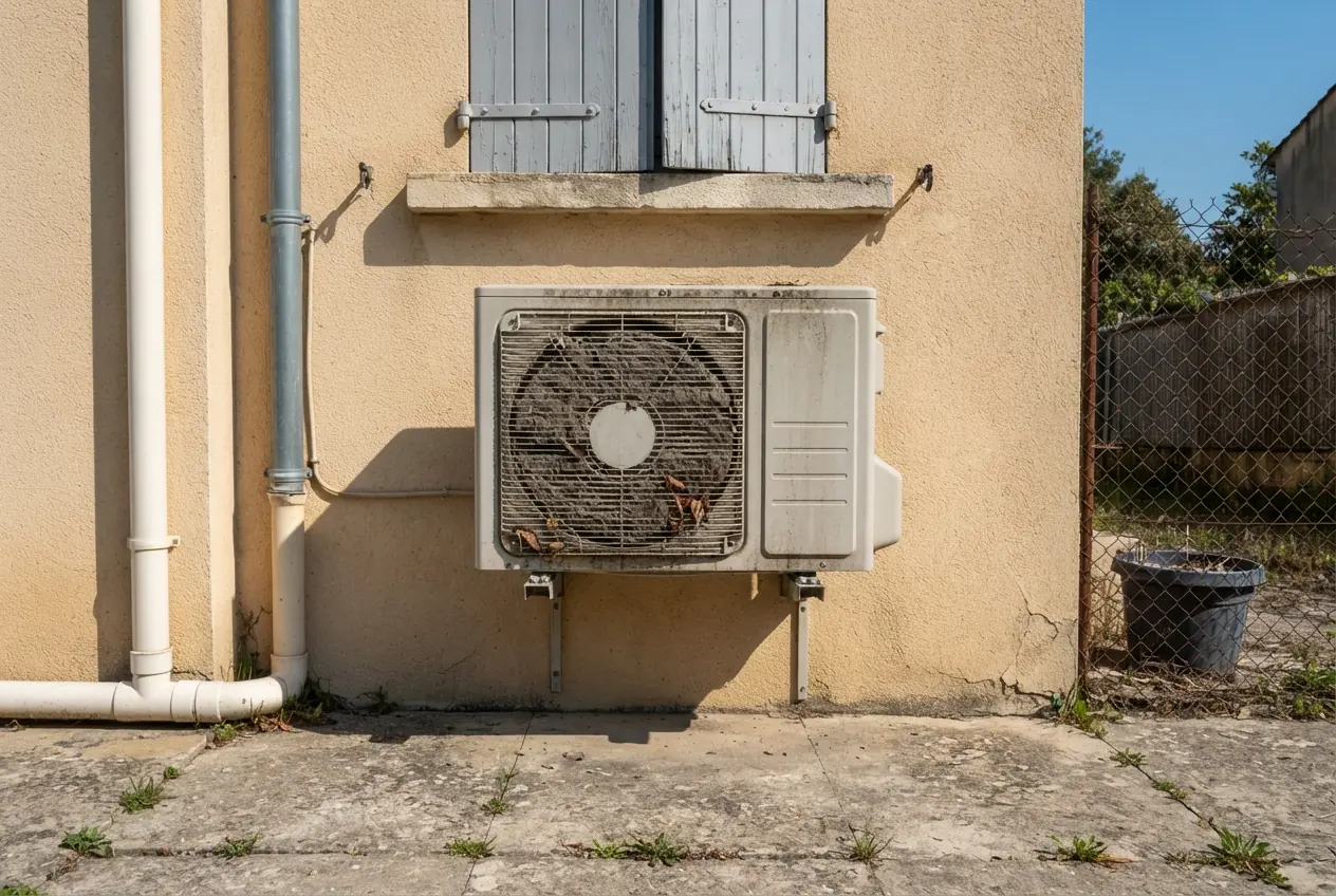 Unité extérieure de climatisation encrassée avant entretien à Orange
